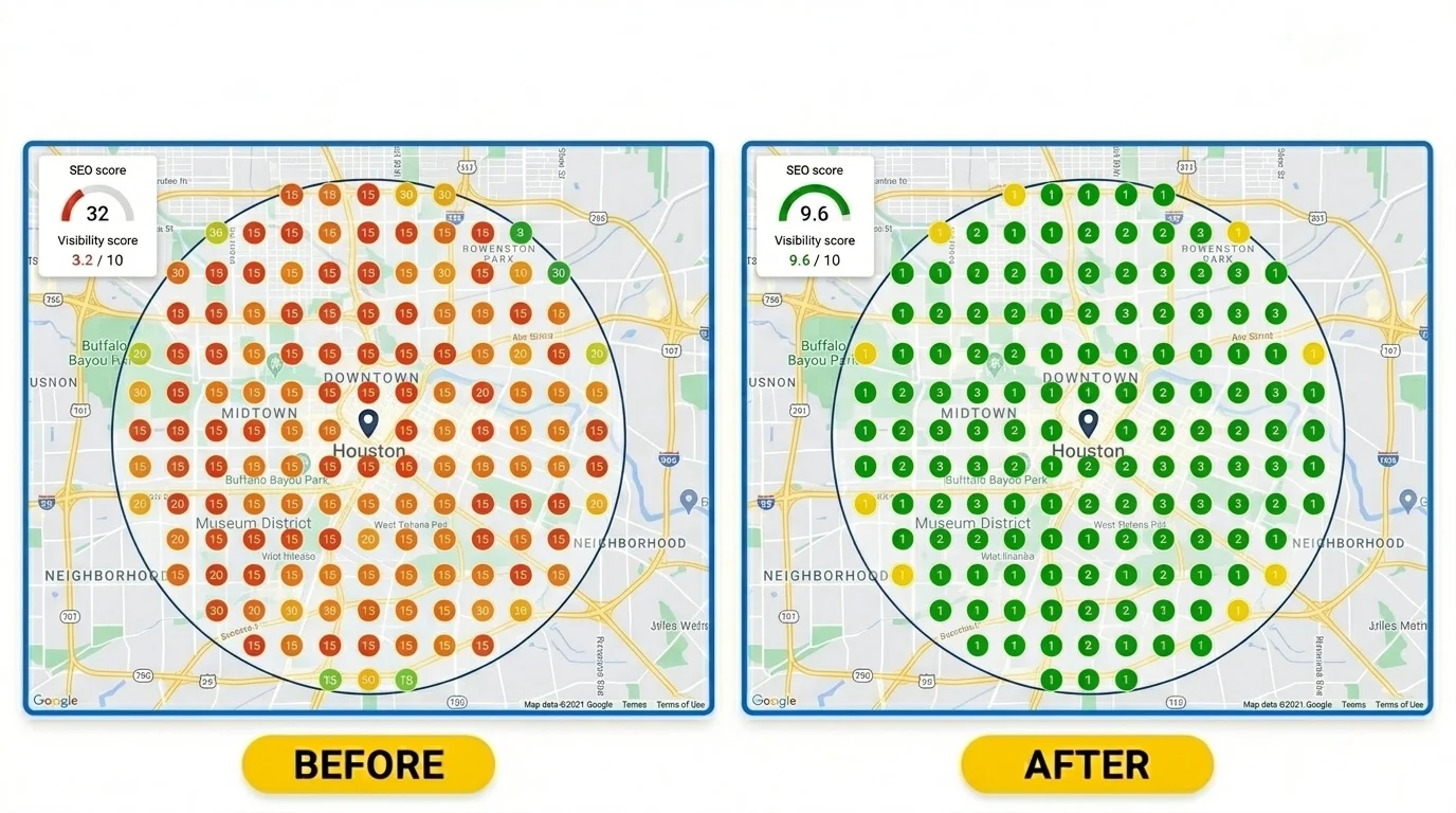 Local SEO grid tracking showing Houston accounting group ranking improvements from red markers (position 15+, visibility 3.2) to green markers (top 1-3, visibility 9.6) across Houston metro area