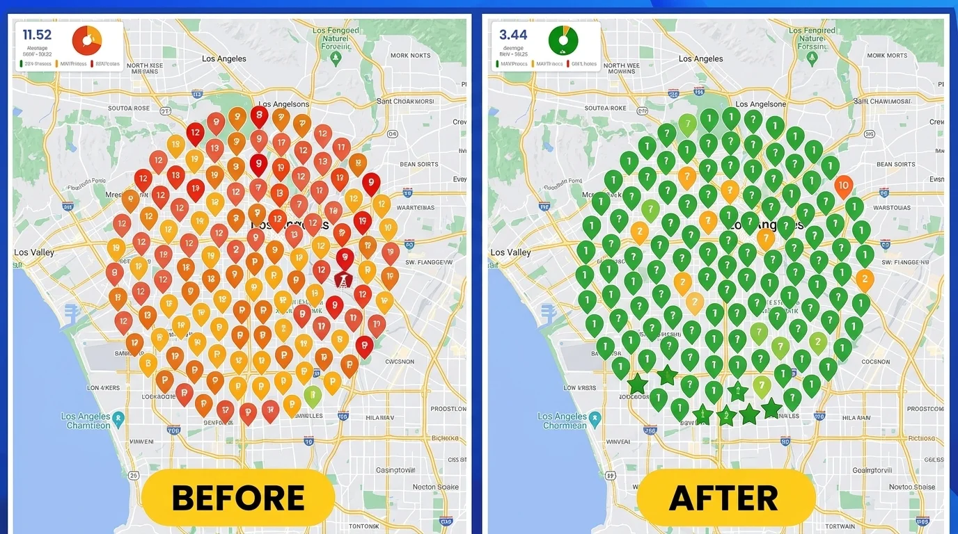 Local SEO grid tracking showing Los Angeles CPA firm ranking improvements from red/orange markers (average position 11.52) to green markers (average position 3.44) across the LA area