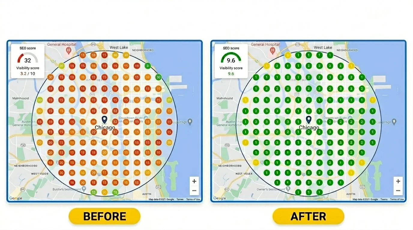 Local SEO grid tracking showing Chicago general accountant ranking improvements from red markers (position 15+, visibility 3.2) to green markers (top 1-3, visibility 9.6) across the entire Chicago metro area