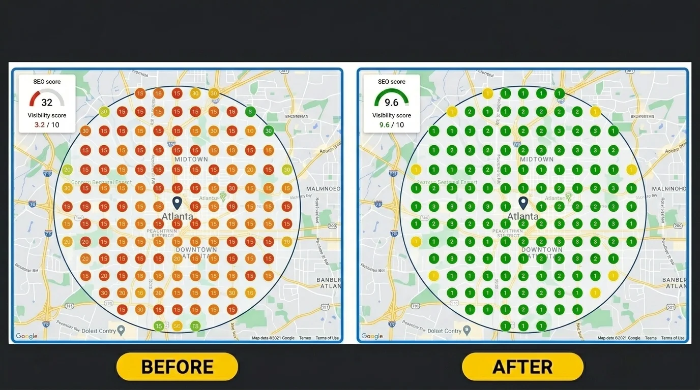 Local SEO grid tracking showing Atlanta accounting practice ranking improvements from red markers (position 15+, visibility 3.2) to green markers (top 1-3, visibility 9.6) across Atlanta metro area