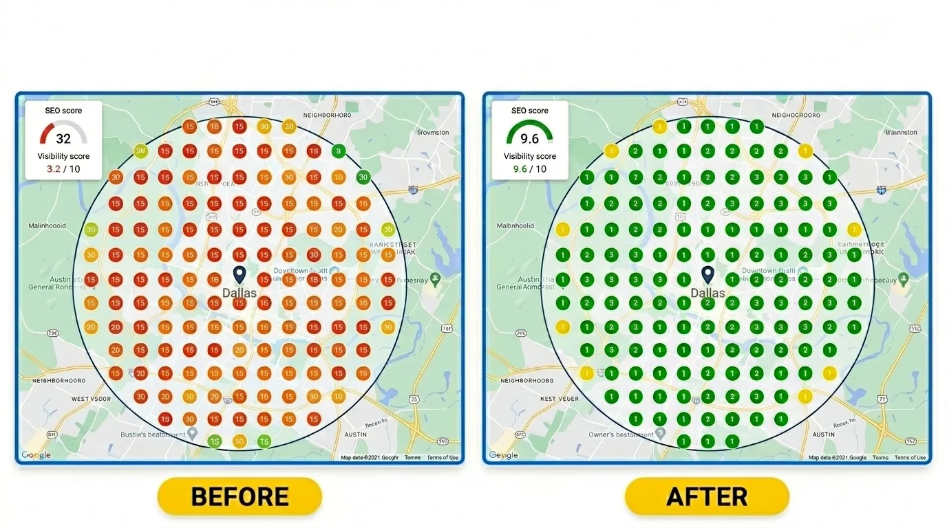 Local SEO grid tracking showing Dallas tax accountant ranking improvements from red markers (position 15+, visibility 3.2) to green markers (top 1-3, visibility 9.6) across Dallas metro area